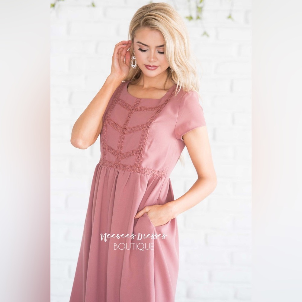 NeeSee’s / Mikarose - The Kate - Dusty Rose Lace Trim Modest Dress